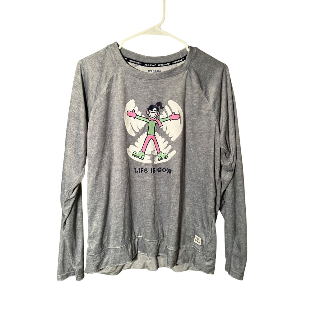 Life is Good Sleep Womens Sz Large Velour Sweatshirt Gray Snow Angel Long Sleeve